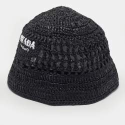 Pre Owned Prada Black Logo Crochet Raffia Bucket Hat M
