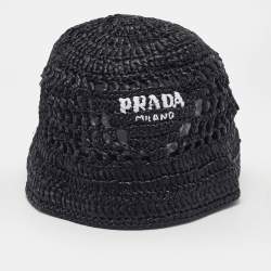 Pre Owned Prada Black Logo Crochet Raffia Bucket Hat M