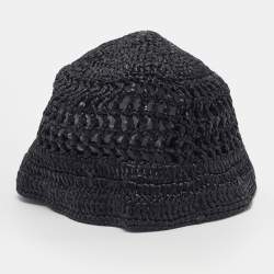 Pre Owned Prada Black Logo Crochet Raffia Bucket Hat M