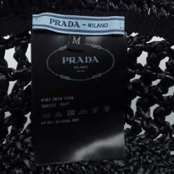Pre Owned Prada Black Logo Crochet Raffia Bucket Hat M