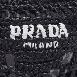Pre Owned Prada Black Logo Crochet Raffia Bucket Hat M