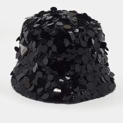 Pre Owned Prada Re-Nylon Black Triangle Logo Allover Sequin Bucket Hat M