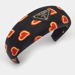 Pre Owned Prada Black Heart Print Re-Nylon Padded Headband 