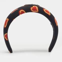 Pre Owned Prada Black Heart Print Re-Nylon Padded Headband 