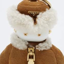 Pre Owned Prada Soft Robot Bag Charm Brown/White Suede and Shearling Fur