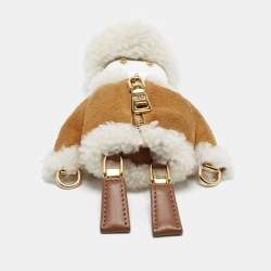 Pre Owned Prada Soft Robot Bag Charm Brown/White Suede and Shearling Fur