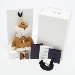 Pre Owned Prada Soft Robot Bag Charm Brown/White Suede and Shearling Fur