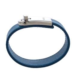 Pre Owned Prada Blue Leather Silver Tone Turn-Lock Bracelet M