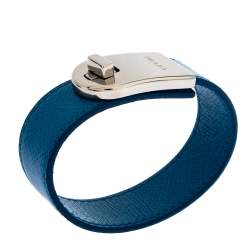 Pre Owned Prada Blue Leather Silver Tone Turn-Lock Bracelet M