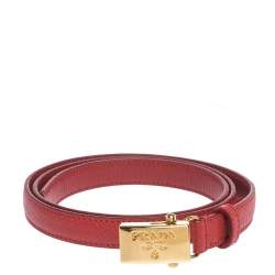 Prada Red Saffiano Leather Logo Plaque Slim Belt 80CM