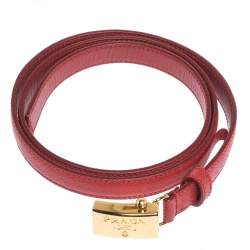 Prada Red Saffiano Leather Logo Plaque Slim Belt 80CM