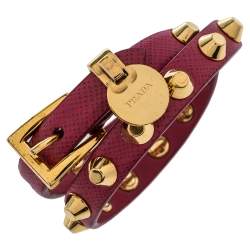 Pre Owned سوار برادا بيونيا جلد سافيانو مرصع معدن ذهبي اللون لفة مزدوجة مقاس وسط (ميديوم)