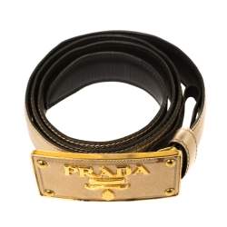 Prada Metallic Gold Saffiano Leather Logo Buckle Belt 85CM