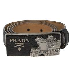 Prada Black Pebbled Leather Cruise Ship Buckle Belt 85CM
