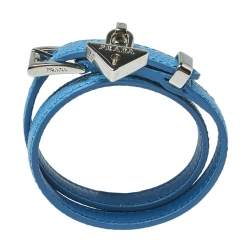 Pre Owned Prada Blue Saffiano Leather Triangle Padlock Charm Double Wrap Bracelet 