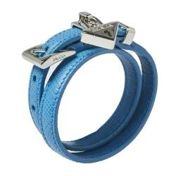 Pre Owned Prada Blue Saffiano Leather Triangle Padlock Charm Double Wrap Bracelet 
