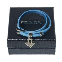 Pre Owned Prada Blue Saffiano Leather Triangle Padlock Charm Double Wrap Bracelet 