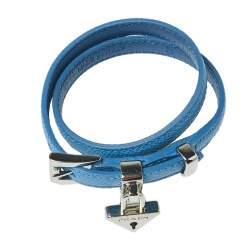 Pre Owned Prada Blue Saffiano Leather Triangle Padlock Charm Double Wrap Bracelet 