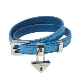 Pre Owned Prada Blue Saffiano Leather Triangle Padlock Charm Double Wrap Bracelet 