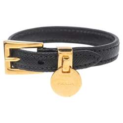 Pre Owned Prada Black Saffiano Gold Plated Metal Leather Bracelet M