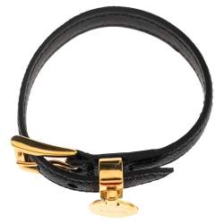 Pre Owned Prada Black Saffiano Gold Plated Metal Leather Bracelet M