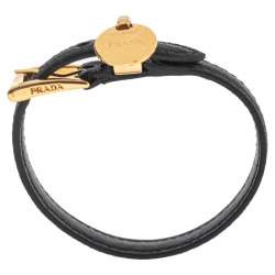 Pre Owned Prada Black Saffiano Gold Plated Metal Leather Bracelet M