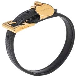 Pre Owned Prada Black Saffiano Gold Plated Metal Leather Bracelet M