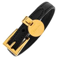 Pre Owned Prada Black Saffiano Gold Plated Metal Leather Bracelet M