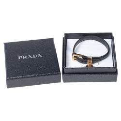Pre Owned Prada Black Saffiano Gold Plated Metal Leather Bracelet M