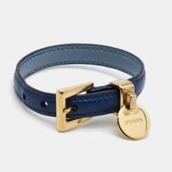 Prada Blue Leather Gold Tone Metal Buckle Bracelet 
