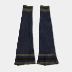 Prada Navy & Green Striped Rib Knit Leg Warmers