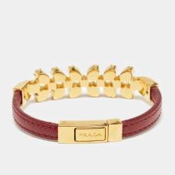 Pre Owned Prada Chic Crystals Red Leather Gold Tone Bracelet M
