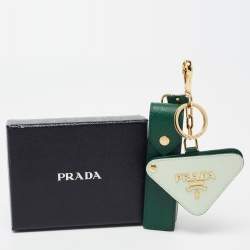 Pre Owned Prada Two Tone Green Saffiano Leather Lipstick Holder Key Ring