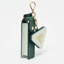 Pre Owned Prada Two Tone Green Saffiano Leather Lipstick Holder Key Ring