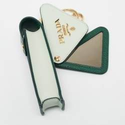 Pre Owned Prada Two Tone Green Saffiano Leather Lipstick Holder Key Ring