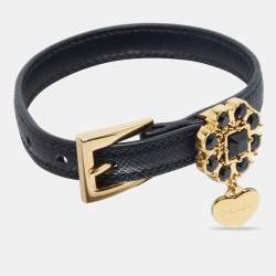Pre Owned Prada Black Leather Floral Embellished Heart Charm Wrap Bracelet M