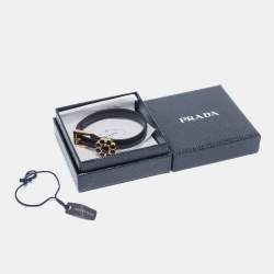 Pre Owned Prada Black Leather Floral Embellished Heart Charm Wrap Bracelet M