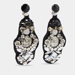 Pre Owned Prada Black Crystal Embellished Fabric Clip On Earrings