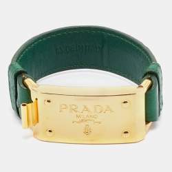 Pre Owned Prada Green Ostrich Leather Gold Tone Bracelet