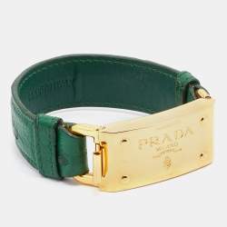 Pre Owned Prada Green Ostrich Leather Gold Tone Bracelet