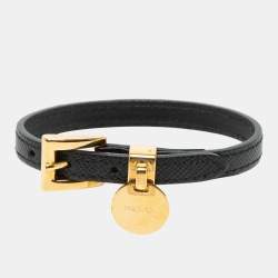 Prada Black Saffiano Leather Logo Tag Wrap Bracelet 
