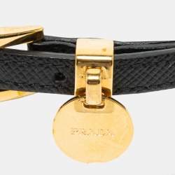 Prada Black Saffiano Leather Logo Tag Wrap Bracelet 