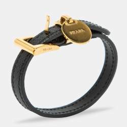Prada Black Saffiano Leather Logo Tag Wrap Bracelet 