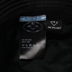 Pre Owned Prada Black Re-Nylon Logo Plaque Bucket Hat L