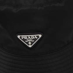 Pre Owned Prada Black Re-Nylon Logo Plaque Bucket Hat L