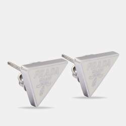 Prada Silver Logo Enamel Triangle Symbole Stud Earrings