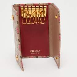 Pre Owned Prada Beige/Multicolor Heart Print Leather 6 Key Holder Case