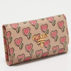 Pre Owned Prada Beige/Multicolor Heart Print Leather 6 Key Holder Case