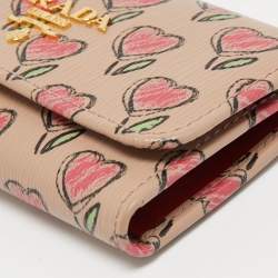Pre Owned Prada Beige/Multicolor Heart Print Leather 6 Key Holder Case
