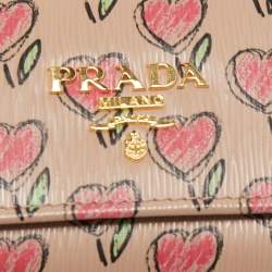 Pre Owned Prada Beige/Multicolor Heart Print Leather 6 Key Holder Case